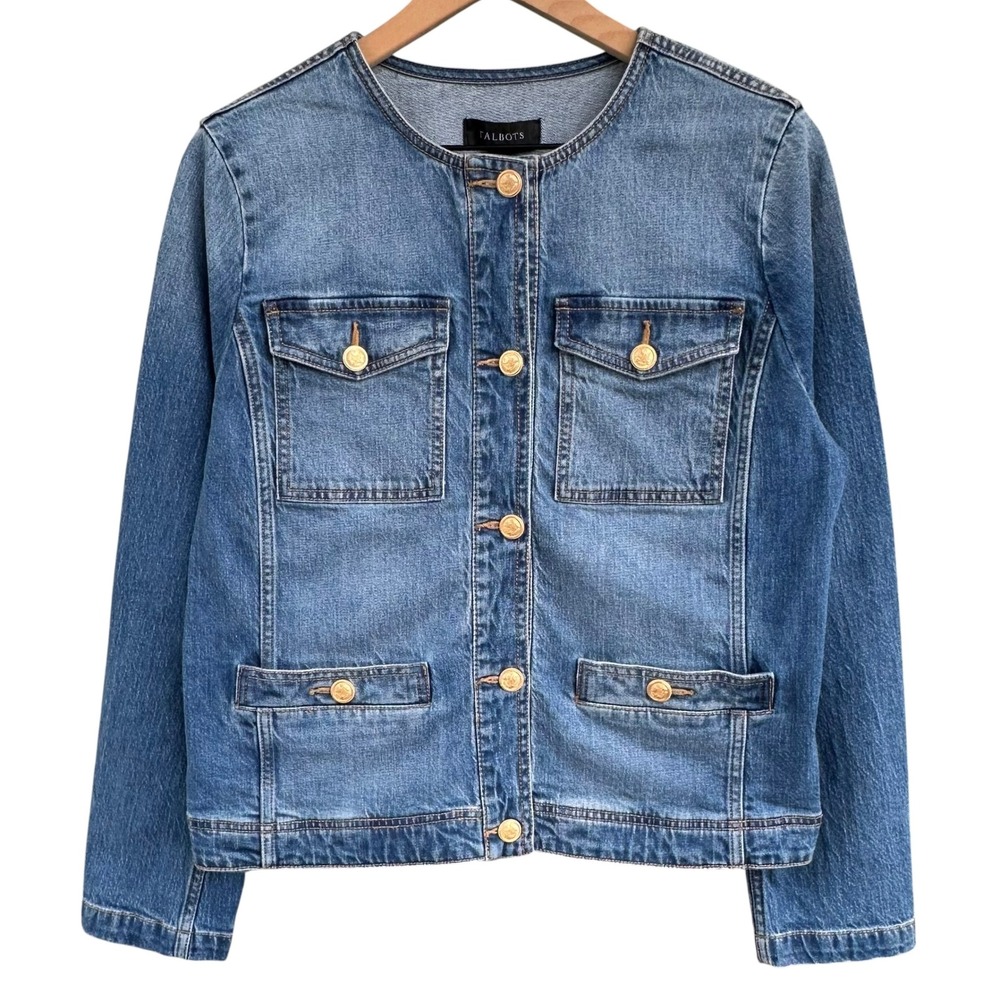 Talbots Womens Denim Jacket Sienna Wash Gold Crest Button Collarless Large NEW